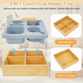 Couch Cup Holder Tray with Removable Dividers, Bamboo Silicone Snack Tray Snackle Box Cup Holder for Drinks, Anti-Spill Bed Couch Caddy Organizer, Remote Mobile Tablet Holder for Car Seat, RV, Sofa