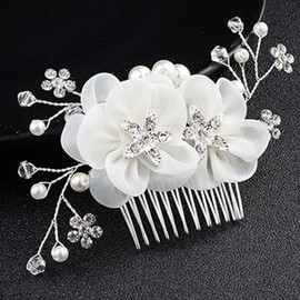LOHGOU Wedding Party Flower Pearl Hair Comb for Women Girls, Floral Rhinestone Bridal Side Combs Wedding Hair Pin Hairpieces (White)