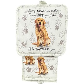 Golden Retriever 3-Piece Kitchen Set - Oven Mitt, Pot Holder & Kitchen Towel Set, Heat Resistant up to 420 F, Soft Quilted Cotton for Cooking, Baking, BBQ, Pet Lover Gifts (Golden Retriever)