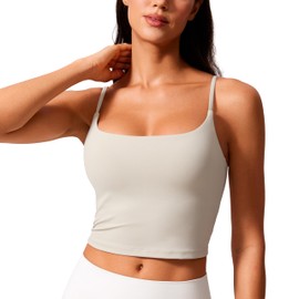 CRZ YOGA Butterlift Womens Scoop Neck Longline Sports Bra - U Back Adjustable Straps Workout Crop Tank Top with Built in Pads Mojave Tan Small