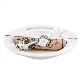 Mud Pie Circa Pasta Bowl with Towel, White, "bowl 3" x 14" dia | utensil 12 1/2" | towel 26" x 16 1/2"