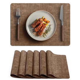 Faux Leather Vinyl Placemats Set of 6 Wipeable Heat Resistant Place Mats 100% Washable - Waterproof - Anti Slip Reversible Table Mats for Kitchen/Dining/Party/Outdoor, 12" x 16.5", Brown