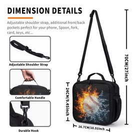 Fire Ice Baseball Pattern Lunch Bag Fire Sport Baseball Lunch Boxes for Women/Man Office Work Travel School Work Picnic Durable Reusable Insulated Large Lunch Tote Bag with Adjustable Shoulder Strap