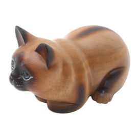 NOVICA Artisan Handcrafted Wood Statuette Balinese Suar Brown Indonesia Sculpture Animal Themed Cat [3.9in H x 7in W x 3.9in D] ' Fat Cat in Brown'