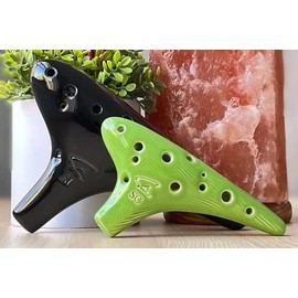 Focalink 12 Holes Alto C + Soprano C Ceramic Ocarina - Easy to Learn, Good for Beginner (Black/Green)