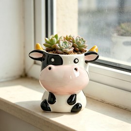 Cute Animal Ceramic Planter Pot, Small Glossy Cartoon Cow Shaped