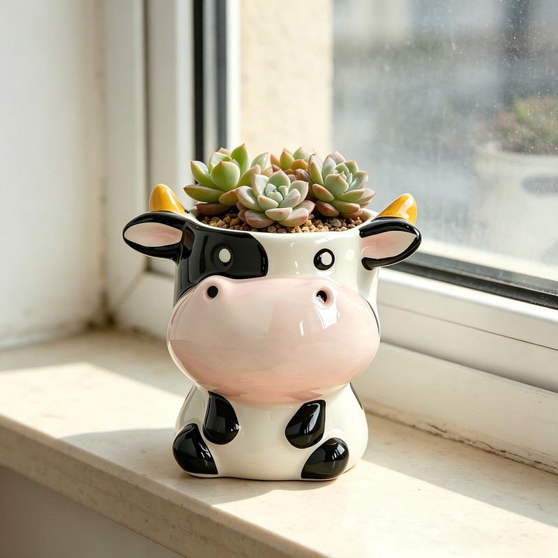 Cute Animal Ceramic Planter Pot, Small Glossy Cartoon Cow Shaped