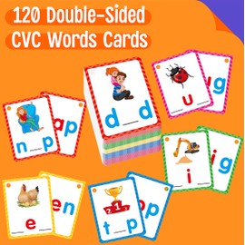 CVC Word Writing Cards, 120 Double Sided Handwriting Cards Short Vowel Spelling Flashcards CVC Sight Words Early Educational Tool for Kids 3 4 5 Years Old (Plus 2 Markers & 3 Reclosable Plastic Rings)