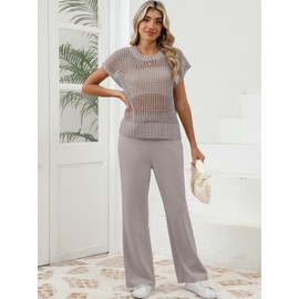 OUKODS Women Two Piece Outfits Crochet Sheer Knit Sweater Top Wide Leg Pants Lounge Matching Sets Sweatsuit Travel Clothes