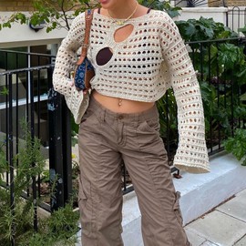 ZZLBUF Women's Hollow Out Crochet Knit Sweater Crop Tops Long Sleeve Sweater Cropped Jumper Cover Up Pullover Tops Y2K Streetwear (01-Beige,S)