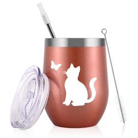 Livole Cat Goods, Present, Women's, Tumbler, Heat Retention, Cold Insulation, Includes Lid, Straw, 11.8 fl oz (350 ml), Stainless Steel, Cute, Gift (Rose Gold)