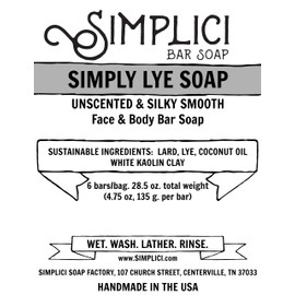 Simplici Simply Lye Natural Soap (smooth + for sensitive skin) 6 Bar Value Bag. Palm Free.