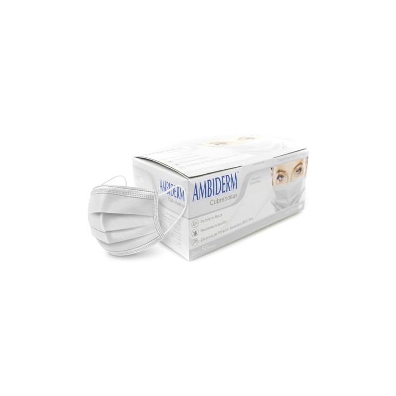Ambiderm Cubrebocas 3 Capas Plisados Ajuste Nasal Colores (Blanco)