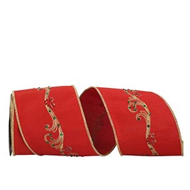 Reliant Ribbon Embroidered Jeweled Filigree Deluxe Dupioni Wired Edge Ribbon, 4 Inch X 5 Yards, Red