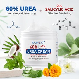 OUKEYA Urea Cream 60% + Salicylic Acid 2%, Urea Foot Hand Cream for Dry Cracked Feet, Heels, Elbows, Salicylic Acid Cream for Moisturizer, Removes Corns Calluses Dead Skin and Softens Toenails, 150g