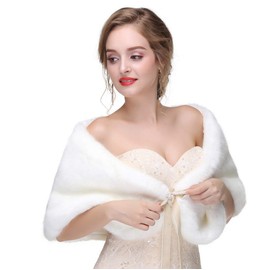 Ursumy Women's Wedding Shawl Faux Fur Wraps Bridal Fur Stole Fur Scarf with Rhinestones Brooch for Bride and Bridesmaids (White)