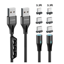 P-TECHUK Fast Charging 360° Magnetic 2 in 1 Cable, Magnetic Charging Cable, Magnetic Cable, Universal magnetic charger cable. (2 x 1M cable, 6 tips, 1 x tip holder) (Black)