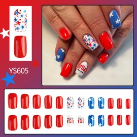 4th Of July Fake Nails Medium Square Press On Nails Independence Day False Nails With Star Design Red Glue On Nails Blue Acrylic Nails Full Cover Artificial Stick On Nails For Women 24pcs