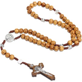 Wooden Rosary Necklace, Catholic Cross Rosary Necklace, Natural Wood Prayer Chain Necklace, for Catholic Christians, Religious Communion, Baptism, Fair, Bible