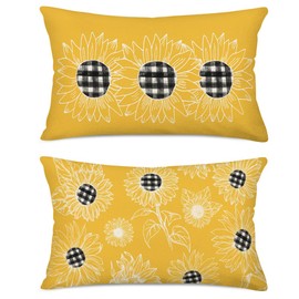 Qinqingo Sunflower Yellow Lumbar Pillowcase Buffalo Plaid Sunflower Spring Summer Decorative Throw Pillow Covers Hello Sunshine Farmhouse Cushion Case for Sofa Couch 12 x 20 Inch, 2 Pack