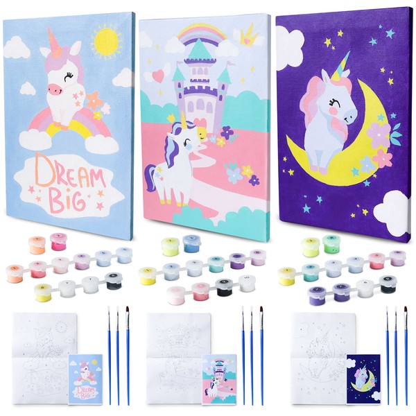 BONNYCO Paint by Numbers for Children Unicorns, Pack 3 Canvases Unicorn Gifts for Girls, Craft Kits for Kids, Paint by Numbers Kits | Girls Toys, Painting by Numbers for Children, Unicorn Toys