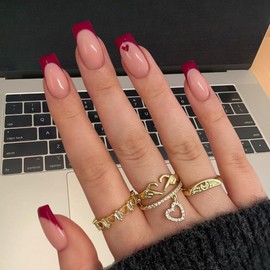 BAOYAALIN Press on Nails Medium Square French Red Fake Nails with Simple Red Heart Design Full Cover Acrylic Glue Artificial Press Stick ons Nail for Women Manicure 24PCS