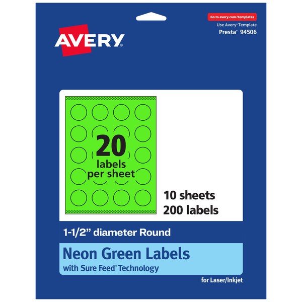 Avery Printable Round Labels, Sure Feed Technology, 1-1/2" Diameter, Neon