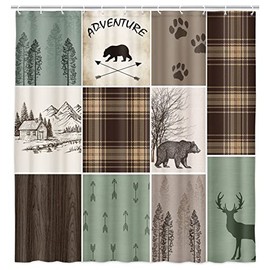 bzwcbei Cabin Retro Rustic Lodge Shower Curtain, Bear Deer Country Hunting Wild Animal Fabric Shower Curtains, Plaid Check Adventure Bathroom Curtain Liner with Hooks (48x70)