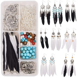 SUNNYCLUE 1 Box DIY 8 Pairs Bohemia Black White Long Feathers Dangle Hook Earring Making Kit with Instruction Jewelry Findings Making Crafts for Women Girls, Antique Silver