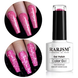 RARJSM Reflective Glitter Gel Nail Polish Sparkling Diamond Neon Pink Gel Polish Holographic Iridescent Shimmer LED UV Soak Off Sparkle Hot Pink Gel Polish Nail Art Manicure Salon DIY at Home
