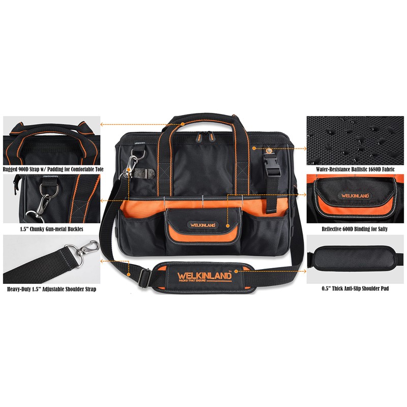 WELKINLAND 16" Tool Bags - 34-Pocket Heavy Duty Open Top
