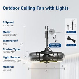 Coolbull Outdoor Ceiling Fans with Light for Patios, 20'' Gazebo Fan, Plug in Ceiling Fan, Waterproof, Remote&APP Control, Hanging with Hook, Black