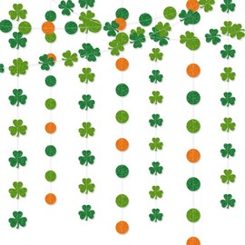 4 Pcs St Patricks Day Banner, Glitter Shamrock Clover Circle Dots Pattern Garland Hanging Streamer St. Patrick's Day Decoration for Irish Party Birthday Home Fireplace Mantle Hanging Background Decor