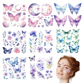 8 Sheets Butterfly Temporary Tattoos, Body Art Fake Tattoos Glitter Temporary Tattoos for Women, Fashion Butterfly Face Tattoo Sticker Fairy Wings Temporary Tattoo for Party Cosplay Makeup