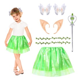 HONMOK 5 PCS Kids Christmas Elf Costume, Elf Fancy Dress Outfit with Elf Ears Butterfly Elf Hair Clip Leaf Headband Green Tutu Dress Magic Wand, Santa's Helper Costume for 3-10y Girls
