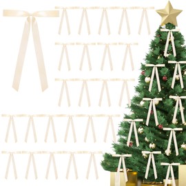Giegxin 24 Pcs Beige Satin Ribbon Bows with Twist Tie, 5 x 7 Inch Large Ribbon Tie Bows for Gift Wrapping Christmas Tree Wreath Garland Banner DIY Craft, Xmas Birthday Baby Shower Wedding Decor