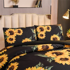 NTBED Black Sunflower Comforter Set King Yellow Floral Botanical 3 Pieces Microfiber Bedding Quilt for Women Teens Adults