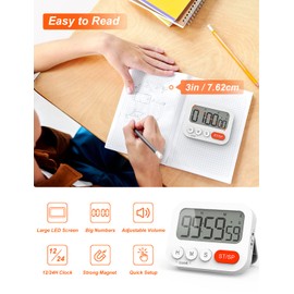 LIORQUE Digital Timer Egg Timer Digital Kitchen Timer with Clock, Stopwatch, Alarm Clock, Magnet, 3-Level Volume, LCD Display for Learning, Cooking, Sports