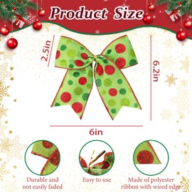 HESUSLA 12 Pcs Red Green Christmas Bows,6 Inch Large Christmas Wreaths Bows for Tree Gift Wrapping Garland, Xmas Decoration Holiday Wedding Party Crafts Tree Ribbon Ornaments (Glitter dot-Green)