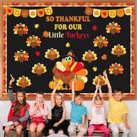 Thanksgiving Fall Bulletin Board Decorations – DIY Turkey Photo Crafts with Pumpkin “So Thankful for Our” Paper Cutouts Set for School, Classroom, Autumn Wall Door