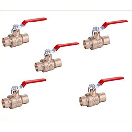 EZ-Fluid Heavy Duty 1-1/4" Sweat Solder C X C Brass Full Port Water Stop Shut Off Ball Valve LF,For Copper Tubing,Quarter Turn,Red Handle (5-Pack)
