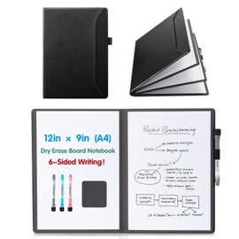 CoBak 6 Sides Portable White Board 12x9 inch (A4) - Notebook Design Dry Erase Small Board with Pocket and 3 Markers, Anti-Ghosting Surface for Office, School, Homeschool with Gift Box (Black)