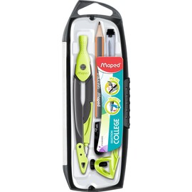 Maped - 5 Piece Set - 1 Metal Open Lead Compass + 1 Universal Ring + 1 Pencil + 1 Sharpener + 1 Lead Case - Interchangeable Accessories - College - Green