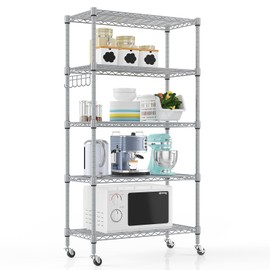 Himimi 5-Tier Storage Shelf Wire Shelving Unit on Wheels, Adjustable Heavy Duty Metal Shelves with Side Hooks, Steel Rack Organization for Kitchen Garage Basement, Silver