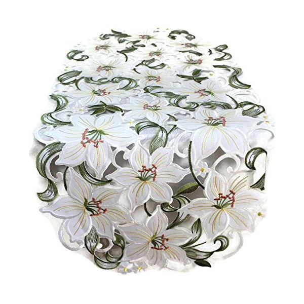 Doily Boutique Easter Table Runner with White Lily Flowers, Size