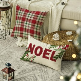 AVOIN colorlife Christmas Noel Buffalo Plaid Throw Pillow Covers Set of 2, 12x20 and 18x18 Inch Winter Xmas Holiday Cushion Cases Decoration for Sofa Couch