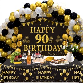 Trgowaul 90th Birthday Decorations Men Women - Black Gold Happy 90 Birthday Backdrop Banner, 2 Pcs Happy Birthday Tablecloth, 60 Pcs Latex Confetti Balloons, 90 Years Old Birthday Party Supplies Gifts