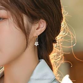 Solid 925 Sterling Silver Flower Chain Drop Earrings Hoop for Women Teens Huggie Hoop Dangle Earrings Chain