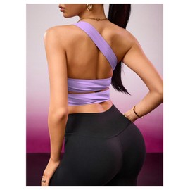 OYOANGLE Womens One Shoulder Sports Bras Twist Asymmetric Hollow Out Left Strap Yoga Workout Cute Support Sport Bras Purple Small