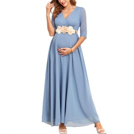 AISWI 3/4 Sleeve Maternity Dress Leaf Lace Contrast Chiffon V Neck Wrap A Line Flowy Pregnancy Dresses for Baby Shower, Light Blue, X-Large